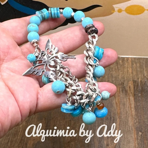 Turquoise chunky maxi beaded rustic silver statement adjustable bracelet - Picture 2 of 6